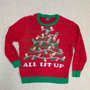 Christmas Holiday Tree Red And Green Knit Sweater w/ Snowflake Pattern Size XL